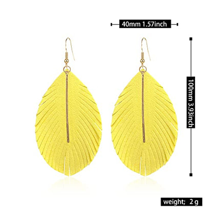 YUNXI Large Genuine Soft Leather Handmade Fringe Feather Lightweight Leaf with Simple Drop Metal Bar Tear Drop Dangle Color Earrings for Women - color: Light Yellow