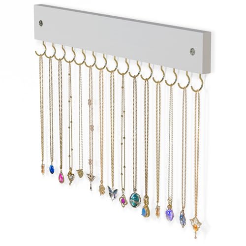 Lolalet Wooden Necklace Holder for Wall with 15 Hooks -Goldwhite | Wall Mount Jewelry Hangers for Necklaces, Chains, Bracelets and Earrings, Tangle-free, Easy to Install - color: Goldwhite
