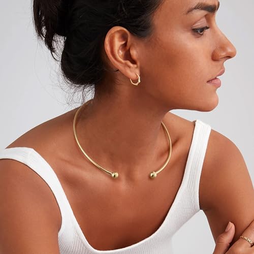 Sanfenly Choker Collar for Women 14K Gold Plated Silver Stainless Steel Metal Collar Choker Necklace Statement Open Cuff Bangle Necklace for Women - style: Open Gold with Ball Ends