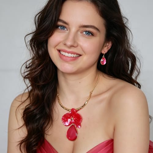 Vintage Statement Jewelry Set - Chunky Flower Floral Plant Geometric Resin Bib Necklace Earring Set Bohemian Boho Crystal Rhinestone Fashion Jewelry for Women Bridal Party Prom Unique Gift - style: MLJS2604-Pink
