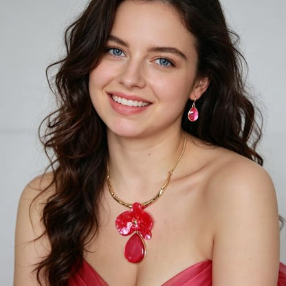 Vintage Statement Jewelry Set - Chunky Flower Floral Plant Geometric Resin Bib Necklace Earring Set Bohemian Boho Crystal Rhinestone Fashion Jewelry for Women Bridal Party Prom Unique Gift - style: MLJS2604-Pink
