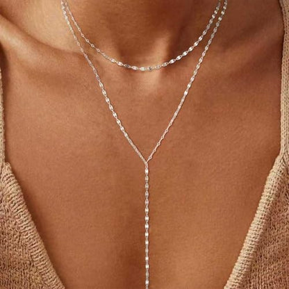 Lariat Necklace for Women, Dainty Long Necklaces, 14k Gold/Silver Plated Y-Shaped Drop Chain Necklace, Simple Layered Necklaces, Trendy Jewelry Gifts - style: Double Lip Chain-Silver