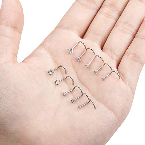 20G 10Pcs Stainless Steel L Screw Bone Shaped Nose Studs Rings Square Round CZ Nose Ring Labret Nose Piercing Jewelry for Men Women Silver Tone 1.5mm-2mm-2.5mm-3mm-3.5mm CZ - style: B:10Pcs,S Shaped