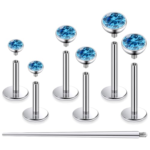 F136 Titanium 20/18/16G Internally Threaded Flat Back Stud Earrings Nose Rings Lip Medusa Monroe Labret 6/8/10mm Short/Long Bar Piercing Jewelry with Taper for Women Men - color: Ocean Blue, size: 16g=1.2mm
