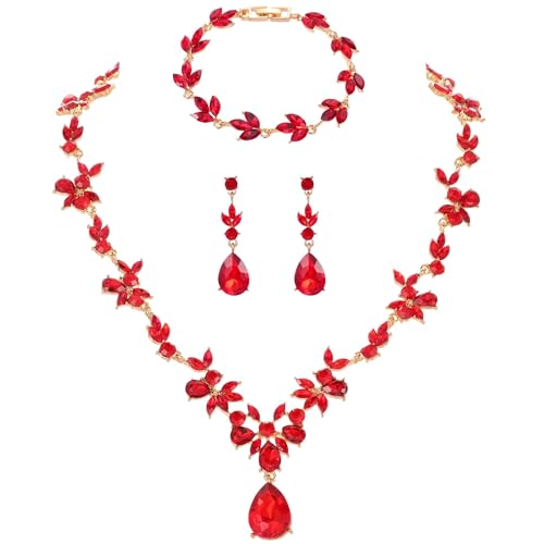Kamirola Bridal Jewelry Set, Jewelry Set for Women, Necklace Dangle Earrings Bracelet Set, White Gold Plated (TR76) - color: Red