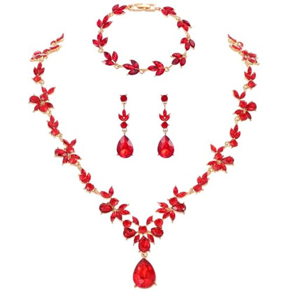 Kamirola Bridal Jewelry Set, Jewelry Set for Women, Necklace Dangle Earrings Bracelet Set, White Gold Plated (TR76) - color: Red