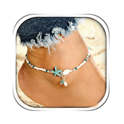 JEWEKY Boho Ankle Bracelets Blue Beach Beaded Anklets for Women