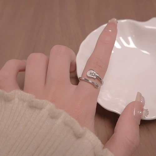 Adjustable Leaf Stackable Rings for Women Cubic Zirconia Stones Blue Leaves Purple Flower Open Band Stacking Finger Sliver Rings Fashion Plant Floral Aesthetic CZ Jewelry - color: white guitar