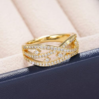 PAVOOI 14K Gold Plated X Ring Simulated Diamond CZ Criss Cross Ring for Women Juude Jewelers Silver Rose Gold Braided Wrap Knot Style Promise Statement Cocktail Party Ring(Gold.A-US Code-6) - color: Gold.A, size: (US Code-6)