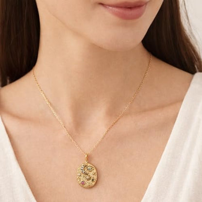 Evil Eye Necklace For Women - 18K Gold Plated Stainless Steel Celestial Moon North Star Eye CZ Gemstone Pendant - Waterproof - Anti-tarnish - Protection Jewelry Gift - style: Moon Star Eye