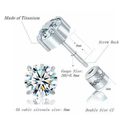Titanium Flat Back Surgical Stainless Steel Stud Earrings for Women Men,Birthstone Stud Earrings Hypoallergenic Double Side 5A Cubic Zirconia Studs Jewelry 6mm - color: Silvery-Clear CZ