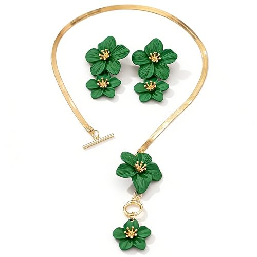 Colorful Flower Necklace Earrings Set for Women Gold Snake Chain Toggle Clasp Pendant Necklaces Dainty Double Flowers Statement Earrings Bridal Wedding Summer Beach Jewelry for Women - color: green