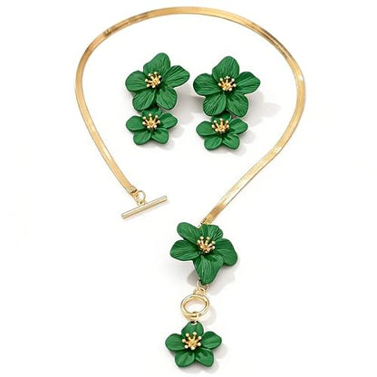 Colorful Flower Necklace Earrings Set for Women Gold Snake Chain Toggle Clasp Pendant Necklaces Dainty Double Flowers Statement Earrings Bridal Wedding Summer Beach Jewelry for Women - color: green