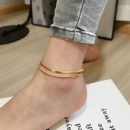 Anklet Bracelets for Women Stainless Steel, Gold Anklets Bracelet for Womens Double Layer Chain Beach Anklet Chain Jewelry