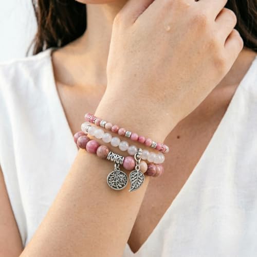 YGLINE Tree of Life Yoga Healing Stone Bracelets,Multilayer Lotus Chakra Stone Reiki Bracelet Sets,Anxiety Crystal Natural Stone,for Women Stress Relief - color: Rhodonite＆white marble-3w