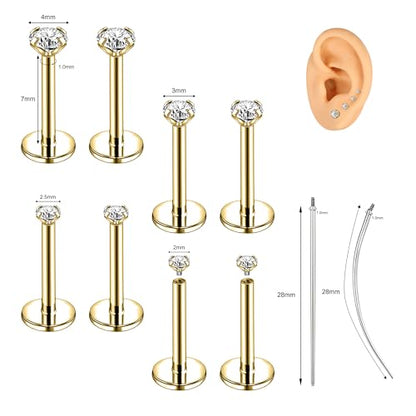18G/16G Labret Jewelry Surgical Steel Internal Thread | CZ Stud, Lip Nose Piercing Studs, Flat Back, Medusa Monroe Lip Cartilage Earring, 2/2.5/3/4mm CZ - color: 18G,7mm-bar,2/2.5/3/4mm-CZ,Gold