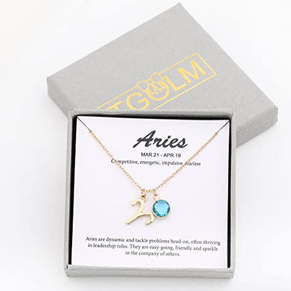 14k Gold Plated Zodiac Birthstone Crystal Pendant Necklace, Horoscope Sign Charm Necklace for Women Birthday Gift - color: Aries-Mar.