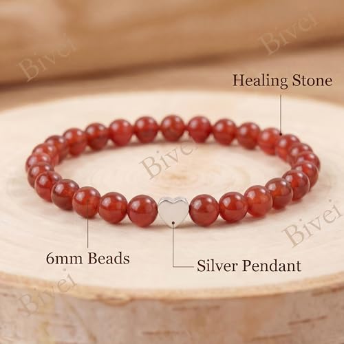 Bivei Crystal Stretch 6mm Bracelets for Women | Handmade Natural Stone Beaded Stretch Bracelet, Stainless Steel Heart Bead, Tranquility Yoga Gift Jewelry for Women - color: Carnelian - Energizing
