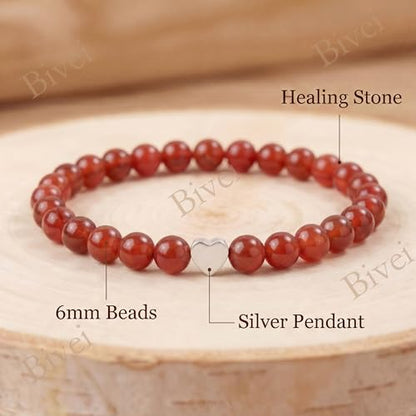 Bivei Crystal Stretch 6mm Bracelets for Women | Handmade Natural Stone Beaded Stretch Bracelet, Stainless Steel Heart Bead, Tranquility Yoga Gift Jewelry for Women - color: Carnelian - Energizing