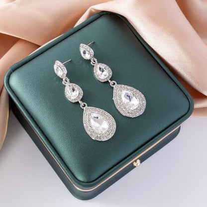 Elegant Rhinestone Statement Earrings Sparkly Cluster Crystal Drop Dangle Earrings Teardrop Chandelier Earrings Wedding Bridal Prom Earrings for Women - color: A:White