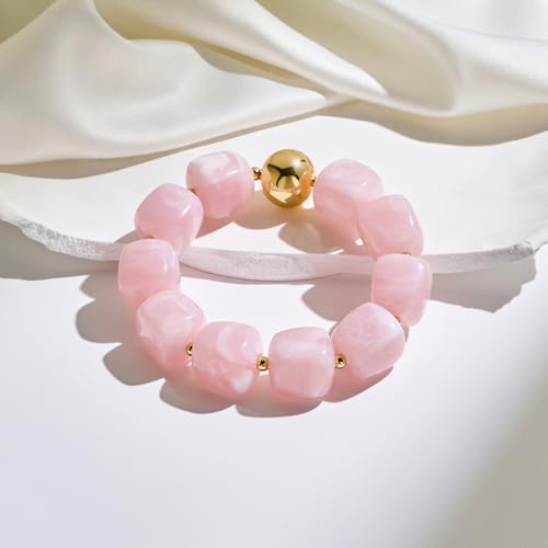 WOWORAMA Chunky Beaded Bracelets for Women Colorful Large Square Beads Bracelet Boho Acrylic Resin Stretch Bracelets Statement Chunky Bracelet Summer Jewelry - color: Square-Pink