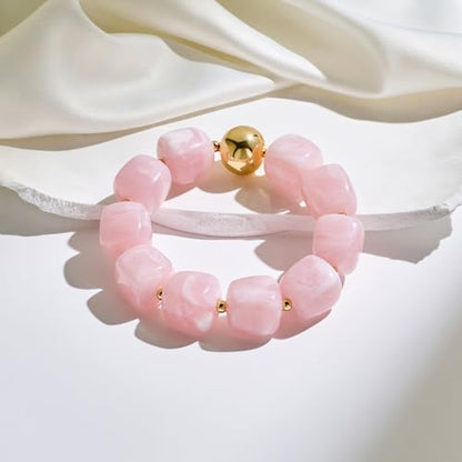 WOWORAMA Chunky Beaded Bracelets for Women Colorful Large Square Beads Bracelet Boho Acrylic Resin Stretch Bracelets Statement Chunky Bracelet Summer Jewelry - color: Square-Pink