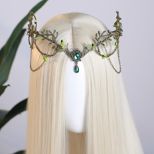 MOSTORY Woodland Elf Crown for Women - Medieval Elf Headpiece with Tassel for Renaissance Renfaire Fae Cosplay Viking Outfit - color: Bronze-green