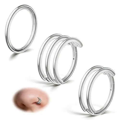 davka Nose Ring Set, 18G Hinged Hoop 8mm & 20G Nose Studs, Stainless Steel & Gold Plated, Hypoallergenic, Multiple Styles Nose Piercing Jewelry - color: Silver/3Pcs Hoops/18gauge 8mm/Set-C
