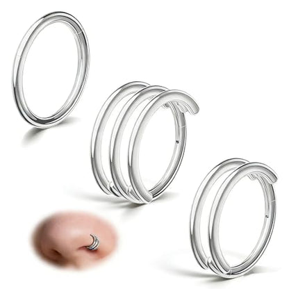davka Nose Ring Set, 18G Hinged Hoop 8mm & 20G Nose Studs, Stainless Steel & Gold Plated, Hypoallergenic, Multiple Styles Nose Piercing Jewelry - color: Silver/3Pcs Hoops/18gauge 8mm/Set-C