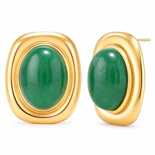 Chunky Gold Stud Earrings for Women 18K Gold Plated Hypoallergenic Chunky Statement Earrings Big Natural Crystal Stone Earring Gift for Women - color: Jade