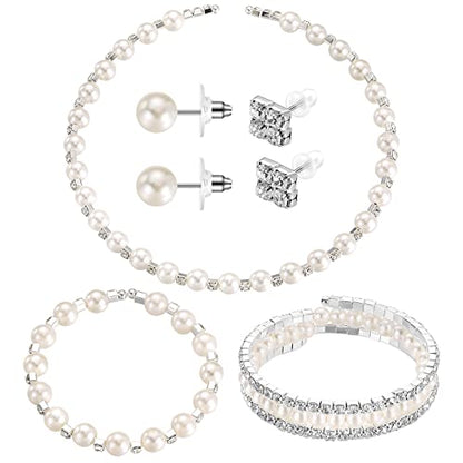 Glenmal Pearl Rhinestone Jewelry Set for Women Pearl Necklace Bracelet Earrings for Wedding Halloween Bridal Shower Tea Party - style: Charming Style