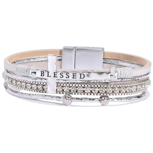 Boho Leather Wrap Bracelets Beaded Stackable Cuff Bracelet Country Concert Outfits Cowboy Cowgirl Western Jewelry Gifts for Women - color: Cross-Silver