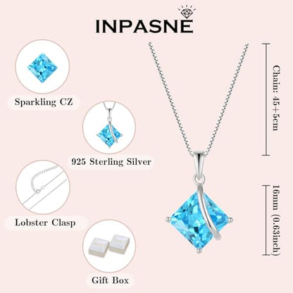 Square Princess Cut Necklace 925 Sterling Silver Solitaire Pendant Necklace Birthstone Jewelry Gifts for Women - color: 03 March - Aquamarine