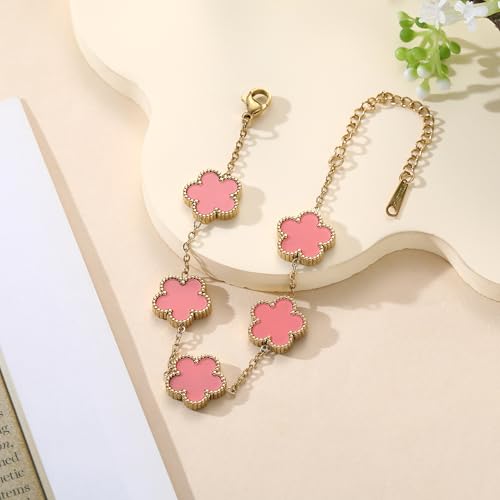 TICVSS Four Leaf Clover Bracelet for Women 18K Gold Plated Stainless Steel Lucky 4 Leaf Gold Link Bracelet Jewelry Gift for Women - color: Pink