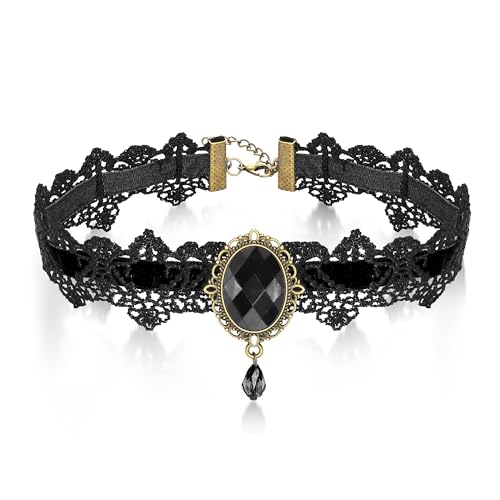 AILUOR Punk Rock Wedding Party Handmade Black Lace Choker, Gothic Retro Lolita Beads Chain Vampire Pendant Necklace for Women Halloween - color: Black