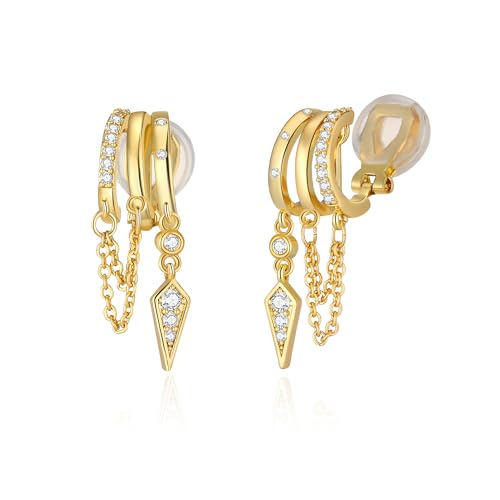 Clip On Earrings for Women Chain Moon Star Cross Hoop Dangle Earring No-Pierced Gold Silver - color: Chain,Gold tone