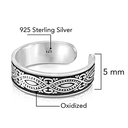 AeraVida .925 Sterling Silver Adjustable Toe Ring or Pinky Ring 5mm Wide Open Band, Stackable Minimalist Summer Foot Jewelry | Sun Moon Star Turtle Butterfly Leaf Olive Branch Ocean Wave Yin Yang Design - style: Balinese 2