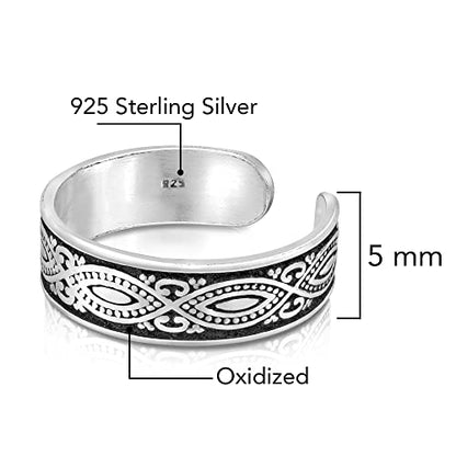 AeraVida .925 Sterling Silver Adjustable Toe Ring or Pinky Ring 5mm Wide Open Band, Stackable Minimalist Summer Foot Jewelry | Sun Moon Star Turtle Butterfly Leaf Olive Branch Ocean Wave Yin Yang Design - style: Balinese 2