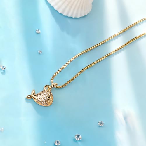 Dainty Gold Necklace for Women, 14K Gold Plated Cubic Zirconia Pendant Necklace, Dainty Fish Sea Turtle Pendant Necklace Ocean Beach Cute Trendy Gold Jewelry Necklaces for Women Gift - style: Fish A