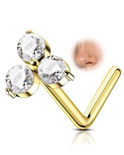 COCHARM Minimalist Titanium Nose Stud, 20g L Shape Flower Nose Ring Stud Cute G23 Titanium Surgical Steel Silver Nostril Piercing with Clear CZ Hypoallergenic - style: TripleCZ-Gold