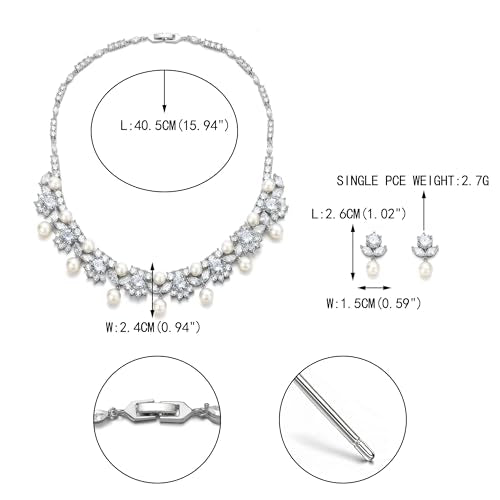 EVER FAITH Wedding Jewelry for Bride, Gorgeous Cubic Zirconia Faux Pearl Elegant Flower Bridal Prom Choker Necklace Stud Earrings Sets for Women - color: White Gold Plated