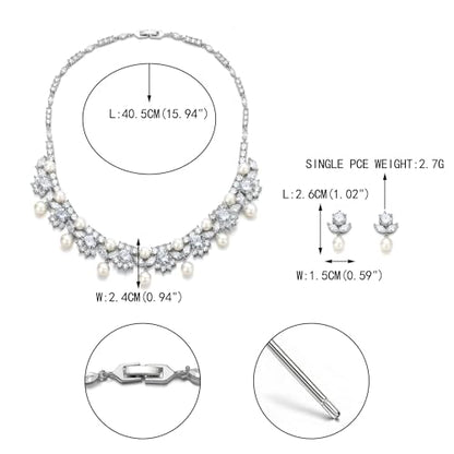 EVER FAITH Wedding Jewelry for Bride, Gorgeous Cubic Zirconia Faux Pearl Elegant Flower Bridal Prom Choker Necklace Stud Earrings Sets for Women - color: White Gold Plated