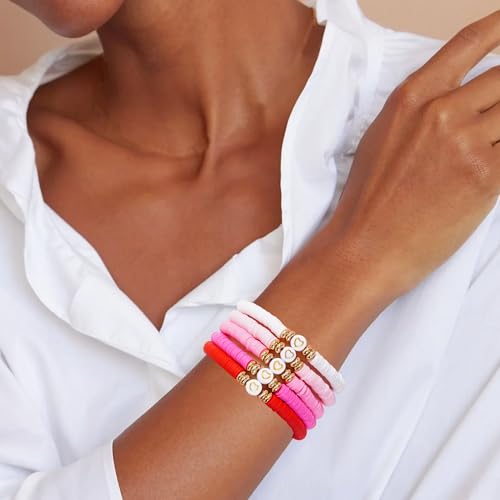 Summer Surfer Heishi Bracelet Set for Women Stackable Gold Plated Clay Ploymer Bead Stretch Pink Beach Layering Bracelets Jewelry - color: A-Love 5pcs