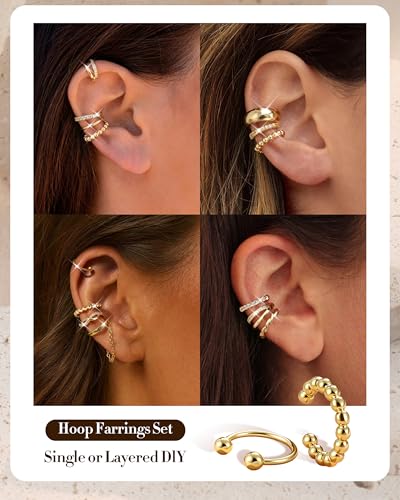 9PCS Ear Cuff Earrings for Women Non Piercing 14K Gold Plated - Hypoallergenic Adjustable Ear Cuffs Trendy Non Tarnish Clip on Cartilage Fake Earring Stacks Wrap Jewelry - color: Gold-14K