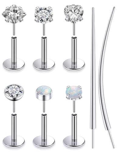 F136 Titanium 20/18/16g Internally Threaded Medusa Monroe Lip Ashley Labret Nose Rings Flat Back Tragus Helix Cartilage Conch Screw Stud Earrings Surgical Steel Piercing Jewelry for Women - color: White CZ, size: 16g*1/4in