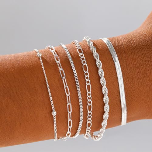 Gold/Silver Bracelets for Women,14K Real Gold Plated Bracelets Stack Trendy Jewelry Sets Stackable Snake Chain Figaro Paperclip Link Chain Adjustable Bracelet Pack Jewelry for Women - style: 6PCS-SL