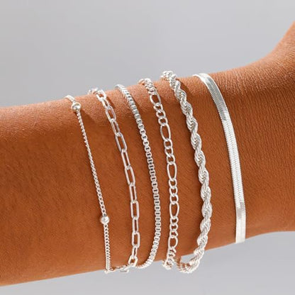 Gold/Silver Bracelets for Women,14K Real Gold Plated Bracelets Stack Trendy Jewelry Sets Stackable Snake Chain Figaro Paperclip Link Chain Adjustable Bracelet Pack Jewelry for Women - style: 6PCS-SL