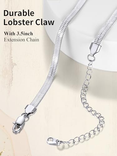 ChainsHouse Flat Snake Chain Herringbone Choker Necklace for Women, Stainless Steel/Rose Gold/18K Gold Plated Dainty Adjustable Simple Short Layered Necklaces, 12"/15"/18" with 3.5" Extender - color: a. stainless-5mm
