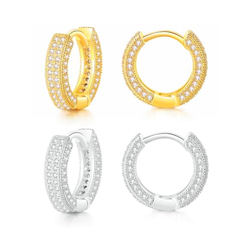 2 Pairs Gold/Silver Hoop Earrings For Women Set Trendy,14K Plated Gold Chunky Huggie Hoop Earings Pack,Oval Twisted Statement Silver Hoops,Fashion Jewelry Gift - color: B3 Pave CZ Hoops Set
