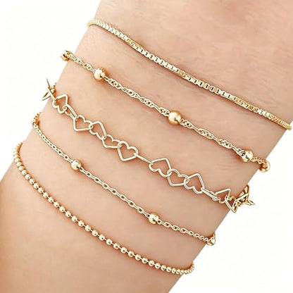 Gold Plated Layered Bracelet Set, Adjustable Paperclip Snake Chain Jewelry for Women - color: Box,Ball,Hollow heart,Satellite bead,Beaded